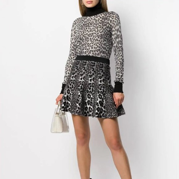 Michael Kors Mixed Leopard Jacquard Pleated Mini Skirt Size XL Gunmetal Black - Picture 9 of 13